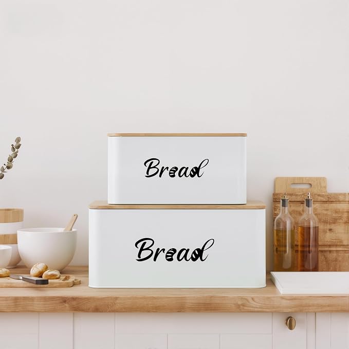 Metal Bread Box Set of 2 with Bamboo Lid, Modern Bread Storage Containers with Air Vents, Bamboo Cutting Board Lid, Farmhouse Kitchen Decor Organizer for Countertop, 2-Size (Large & Small)White