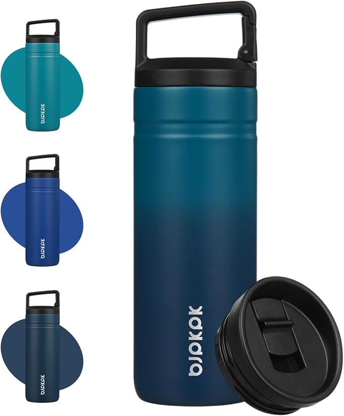 BJPKPK 20 oz Insulated Travel Water Bottle, Coffee Tumbler Stainless Steel | Double Wall Vacuum, Leakproof, Thermal, Keeps Hot/Cold, BPA Free, Dishwasher Safe, Spill Proof, Wide Mouth, 2 Lids, Sea