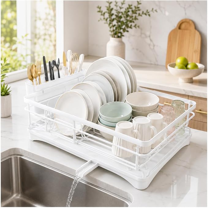 Stainless Steel Dish Drying Rack with Drainboard & Utensil Holder