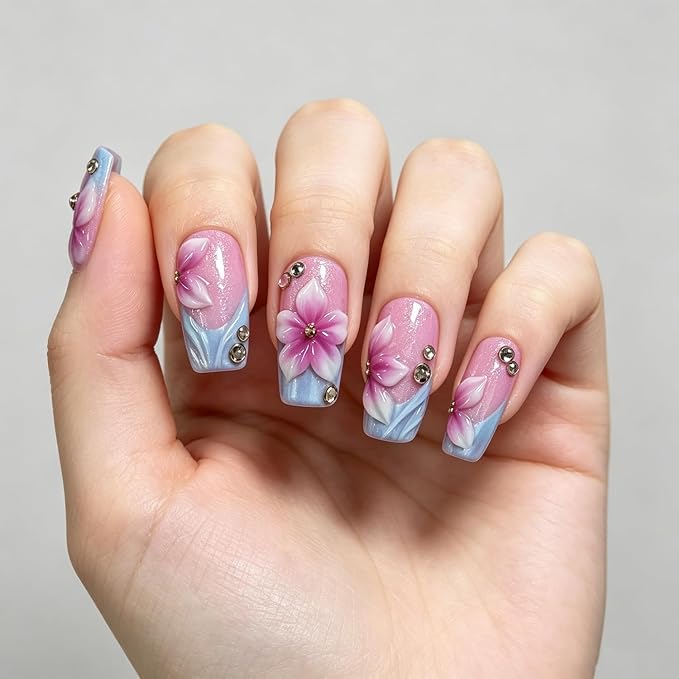 10pcs Handmade Press on Nails Medium Square Nails Press ons with 3D Flower & Rhinestones Design Thicked Muti-Layer Gel Fake Nails Purple Gradient French Tip Acrylic Nail Kit for Women (S)