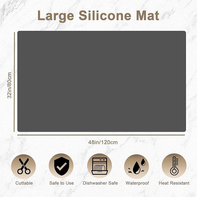 48''x32''(120cmx80cm) Silicone Kitchen Counter Mat, Extra Large Heat Resistant Non-Slip Countertop Protector, Waterproof Multipurpose Mat for Kitchen Island, Dark Gray