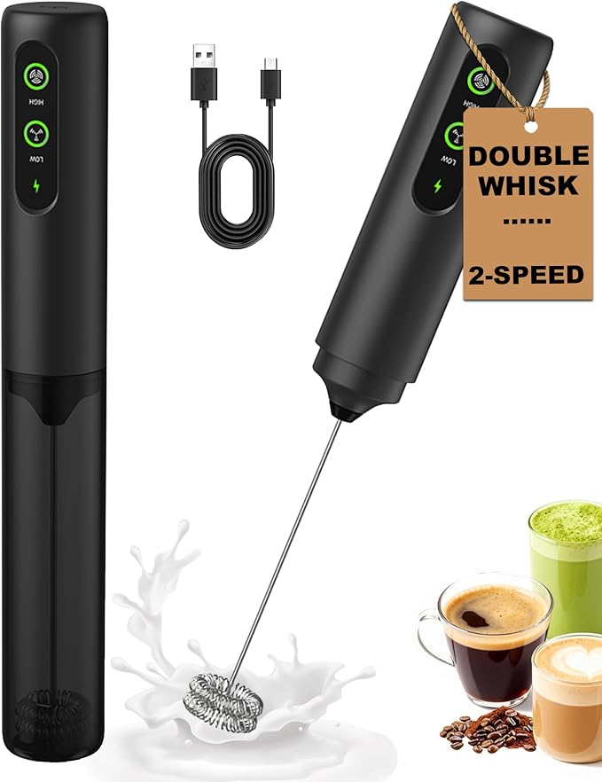 2-Speed Rechargeable Milk Frother Handheld, Black | Dual Coil Whisk, with Cover - Portable Frother for Coffee, Matcha, Cappuccino, Hot Chocolate & Protein Shakes