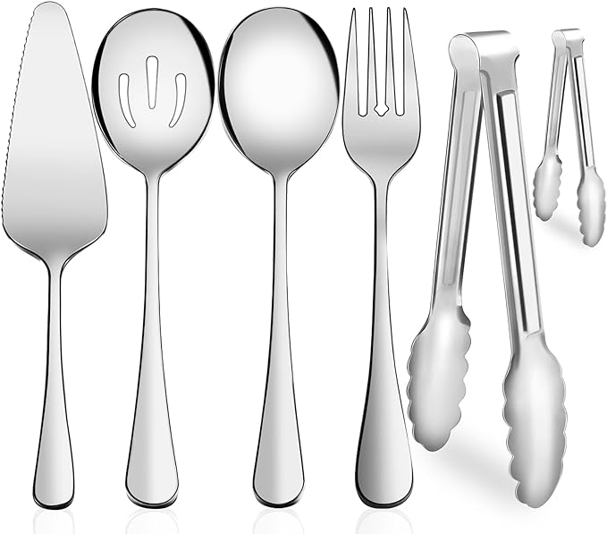 Serving Utensils,XEVOM 6-Piece Stainless Steel Serving Utensil Set Silver | Include Serving Spoon, Slotted Serving Spoon, Serving Fork,Serving Tong, Appetizers Tong,Pie Server,dishwasher safe