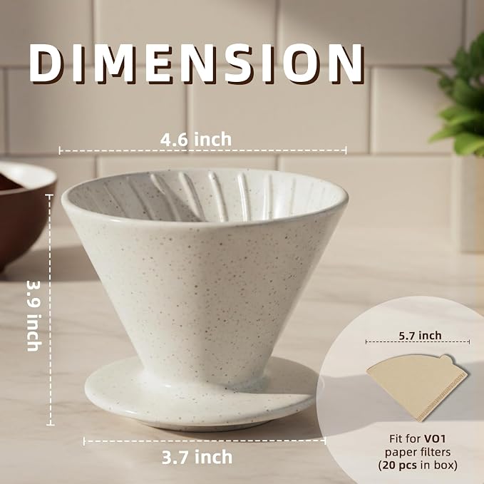 DIF DECO Ceramic Pour Over Coffee Dripper, Reusable Porcelain Portable Pour Over Coffee Maker, Slow Brewing Accessories with 1 Holes for Home, Office, Travel, Camping (Sesame Cream)