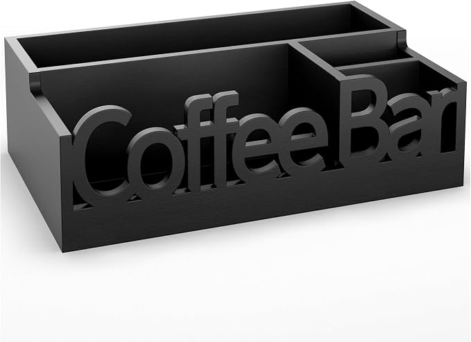 Coffee Bar Organizer Countertop,Wood Caddy with Compartments for Pods,Black | Coffee Pods, Sugar Packets, Stir Sticks & Cups