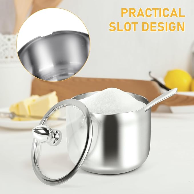 holoith 2 Pack Coffee and Sugar Dispenser with Tray 10 oz Sugar Bowl | with Glass Lid and Spoon for Coffee Bar Accessories Kitchen Storage for Salt,Coffees Bean,Brown Sugar Cubes (Silver)
