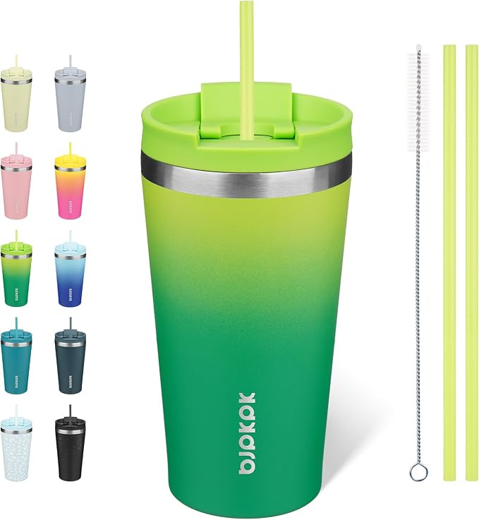 BJPKPK 18 oz Coffee Tumbler with Straw, Insulated Stainless Steel Cup | Double Wall Vacuum, Leak Proof, Keeps Hot/Cold, BPA Free, Dishwasher Safe, Cupholder Friendly, Travel, Bamboo Grove
