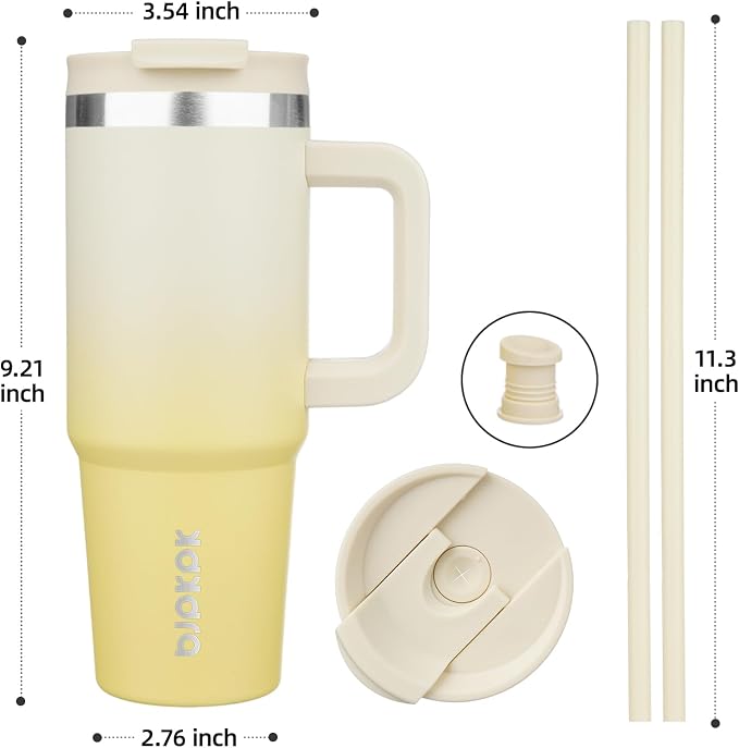 BJPKPK 30 oz Insulated Tumbler with Handle & Straw, Stainless Steel | Double Wall Vacuum Insulation, Leak Proof, BPA Free, Dishwasher Safe, Cupholder Friendly, Travel & Outdoor, Lemon