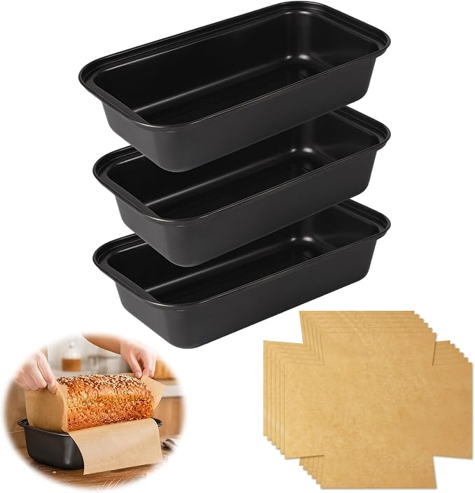HUAKENER Loaf Pan with Liners Set, 3 Pack Loaf Pan with100 PCS Loaf Liners | Nonstick 9 x 5 Inch Bread Loaf Pan with Loaf Liners for Homemade Bread Cake Sourdough Banana Sandwich Bread