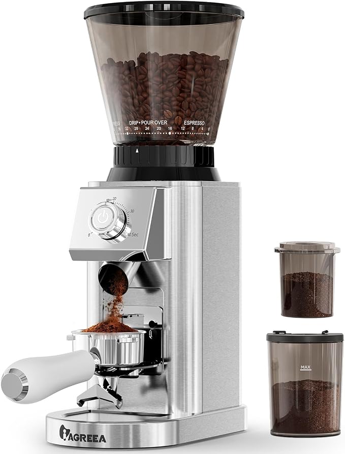 IAGREEA Coffee Grinder for Home Use, Conical Burr Espresso Grinder 48 Grind | 450RPM Low-Speed Anti-Static, Precision Timer For Drip, French Press, Cold Brew, No Mess, Metallic Silver