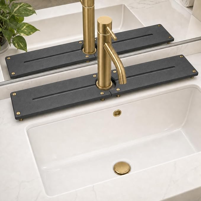 2PCS Stone Faucet Mat for Kitchen Sink, Water Absorbing Sink Tray Organizer for Bathroom Counter, Diatomite Soap Dish Coaster Caddy Riser, Sponge Holder Dispenser Mat, Dark Gray, 23.6" x 4", 1 Set