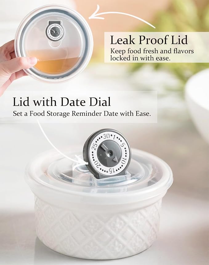 40oz Large Ceramic Mixing Bowls with Lids Set of 4, Ramekin Bowls Oven Safe, Serving Bowls with Lids, Meal Prep Containers, Airtight Food Storage Containers Set for Housewarming, White