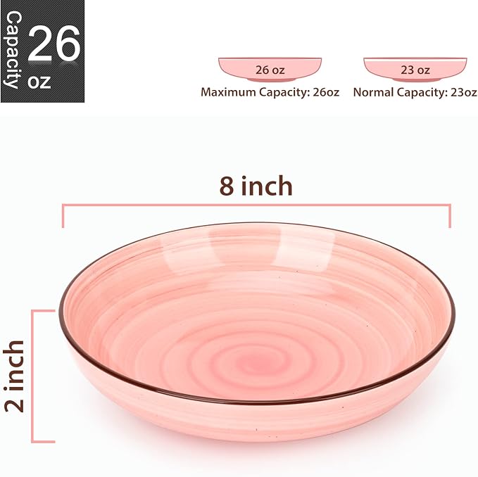 KitchenTour Ceramic Pasta Bowls, 26 oz Salad Serving Plate Bowls, Set of 6 | Wide and Shallow Porcelain Dinner Soup Bowl Plates, 8 Inch, Dishwasher and Microwave Safe, Pastel Swirl