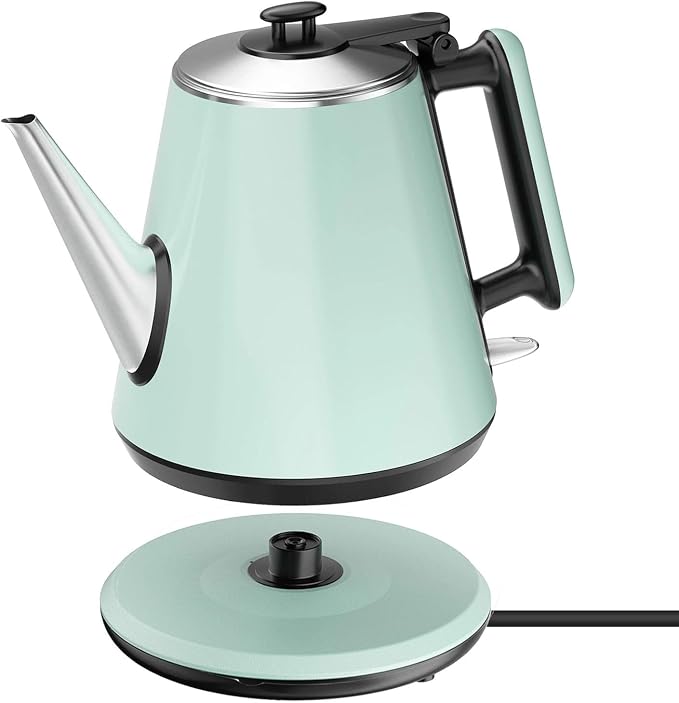 Small Gooseneck Electric Kettle 0.9L, 1000W, Pour Over, Green | 304 Stainless Steel BPA Free, Fast Boiling, Vintage Design, Auto Shut-Off, Dry Boil Protection, For Dorm Office Tea Coffee