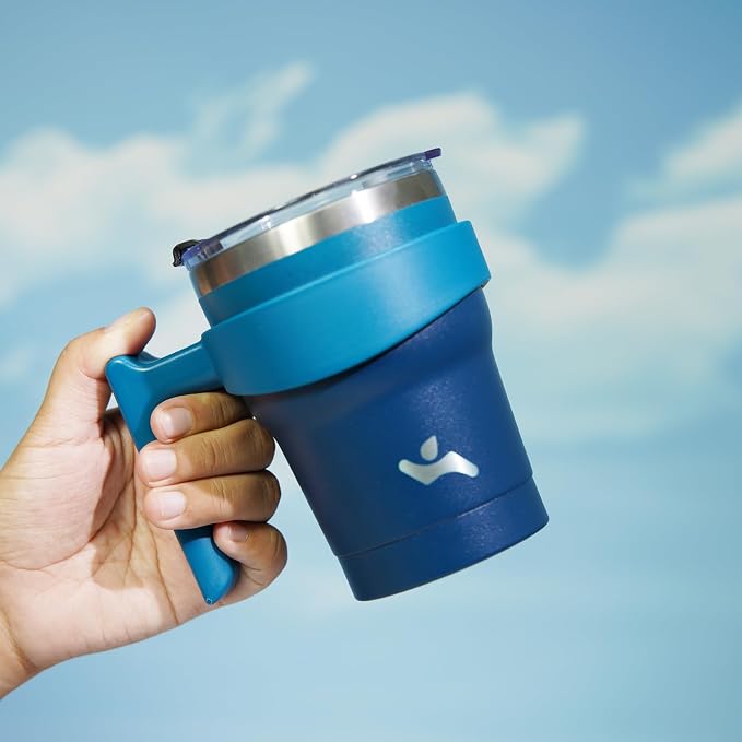 Konokyo 10 oz Tumbler with Handle and Straw, Insulated Travel Mug | Indigo Black; BPA-free, leak-proof tumbler with 2 lids, 2 straws, cup holder fit for coffee, office, travel & daily use