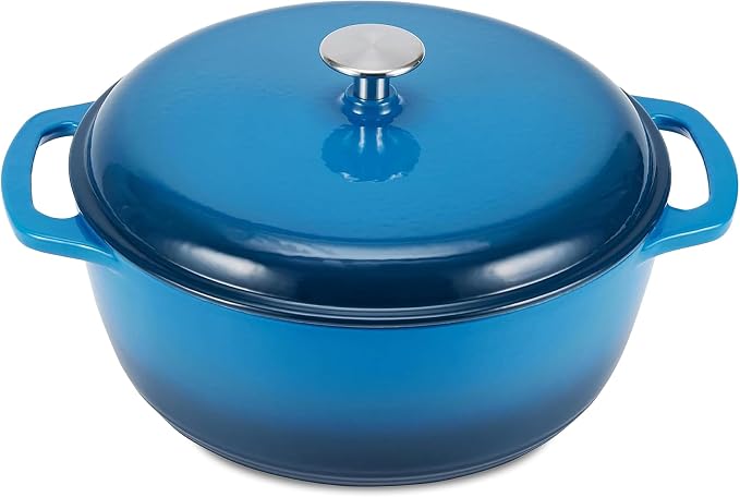 Amazon Basics Enameled Cast Iron Dutch Oven Pot with Lid, Round, Dual Handles, Heavy-Duty, Oven Safe for Stews, Roasting, Baking, 7.3-Quart, Blue