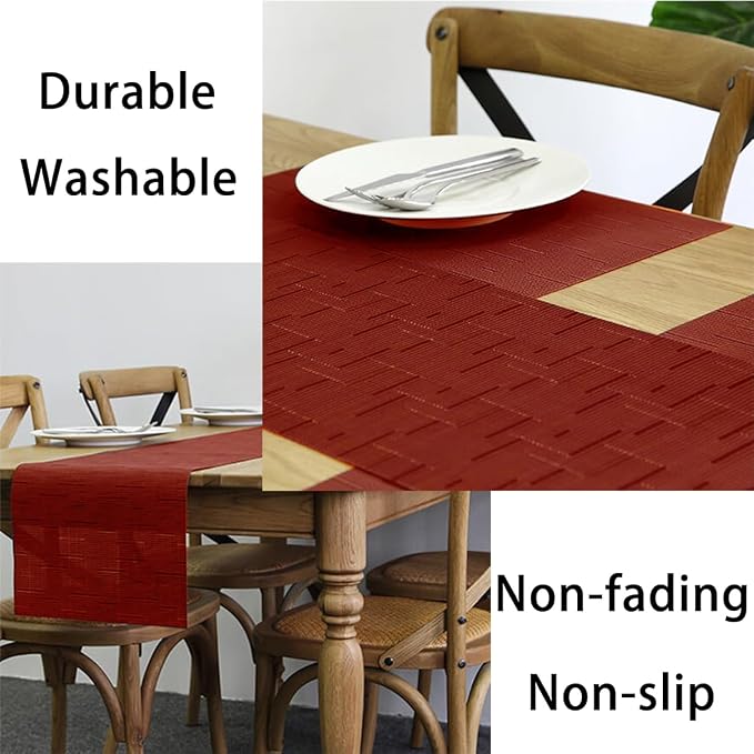 PIGCHCY Elegant Placemats with Matching Table Runner,Washable Durable Placemats Crosswoven Vinyl Table mats Sets(6pcs Placemats+1pcs Table Runner,Same Style,Burgundy Red)