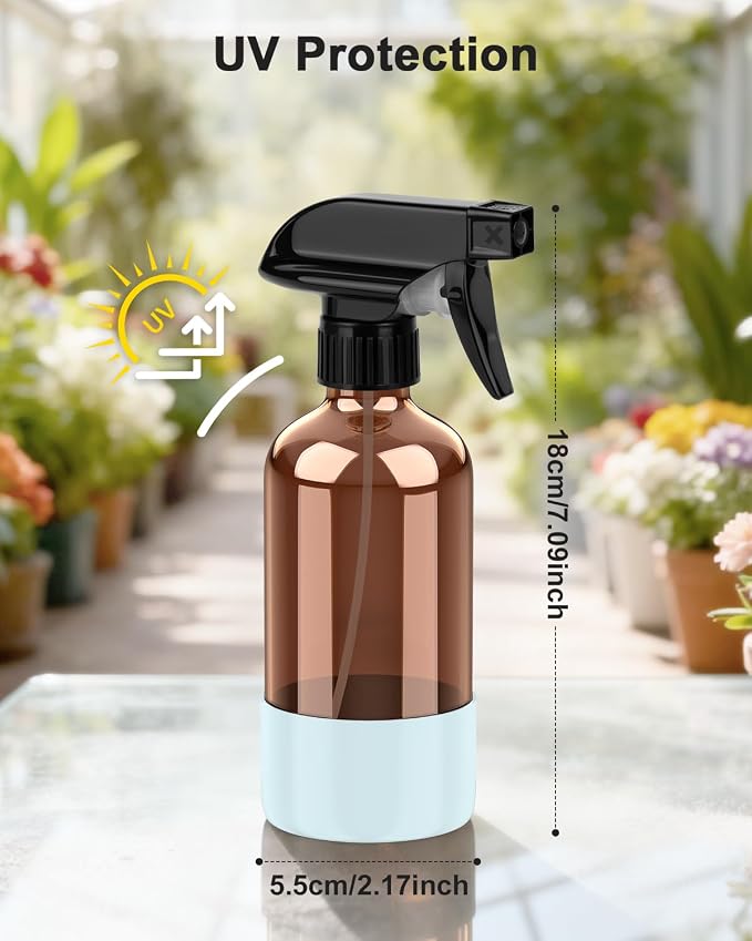 Bontip Amber Glass Spray Bottle, 8 oz with Blue Silicone Sleeve, 1 Pack | Refillable amber glass bottle, With protective silicone sleeve, BPA-free, UV shielding, Great for cleaning solutions,plants