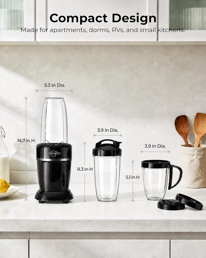 Sangcon 1000W Personal Smoothie Blender, Protein Shakes, Home & Gym, Black | 37/32/22 oz BPA-Free To-Go Cups with 6-Leaf Blade, Frozen Fruit, Ice Crushing, Baby Food, Sauces, Dips, Coffee, Nuts, Spices