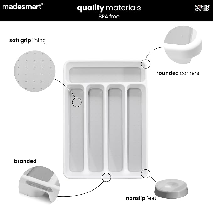 madesmart Classic 5 Compartment Compact Silverware Tray, White | non slip feet, rounded corners, branded icons, soft grip lining, forks knives spoons, flatware sorting, woman owned