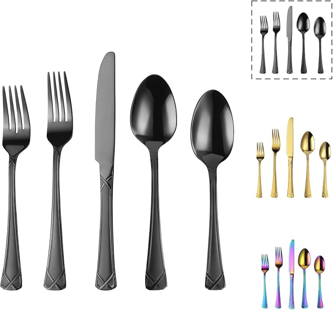 40-Piece Black Silverware Set, Stainless Steel Flatware Set Cutlery Set include Knives, Forks and Spoons Service for 8, Mirror Polished & Dishwasher Safe
