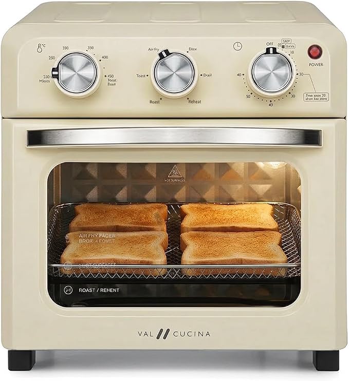 VAL CUCINA 6-in-1 Retro Air Fryer Toaster Oven Combo, Compact 12.7 QT Small Countertop Convection Oven, Fits 9" Pizza & 4 Toast, Hexagon Hybrid Heating, Enamel Baking Pan Included, Almond Yellow Color