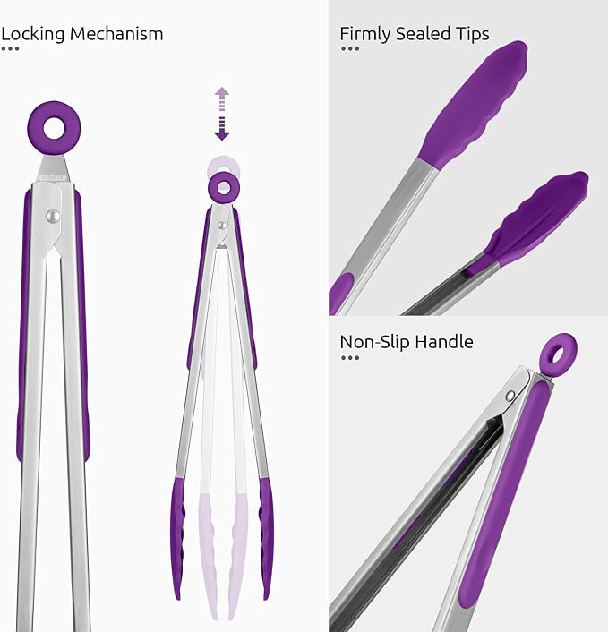 U-Taste Kitchen Tongs for Cooking, 600ºF Heat-Resistant Tps, 2Pcs/Purple | Silicone Tong Set 9/12in, Salad/Grill/BBQ Plastic Tong for Food Serving, Rubber Tipped Tong with 18/8 Stainless Steel Handle