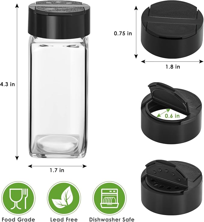 Saiveina 12 Pack Glass Spice Jars with Labels, 4oz Spices Containers Spice Jars with Black Shaker Lids, Empty Containers for Spice, Silicone Funnel and Pen Included