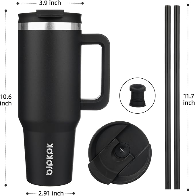 BJPKPK 40 oz Insulated Tumbler with Handle & Straw, Stainless Steel | Double Wall Vacuum Insulation, Leak Proof, BPA Free, Dishwasher Safe, Cupholder Friendly, Travel & Outdoor, Black