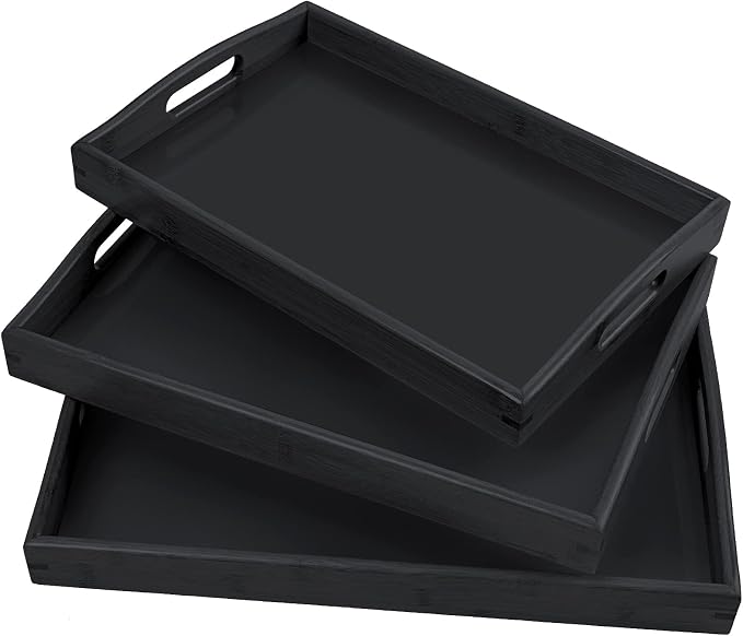 3 Pack Bamboo Serving Trays with Handles, Wooden Food Trays (Black | Bamboo Food Trays, Perfect For Breakfast In Bed, Sofa Dining, Serving Drinks, Snacks, And Everyday Organization