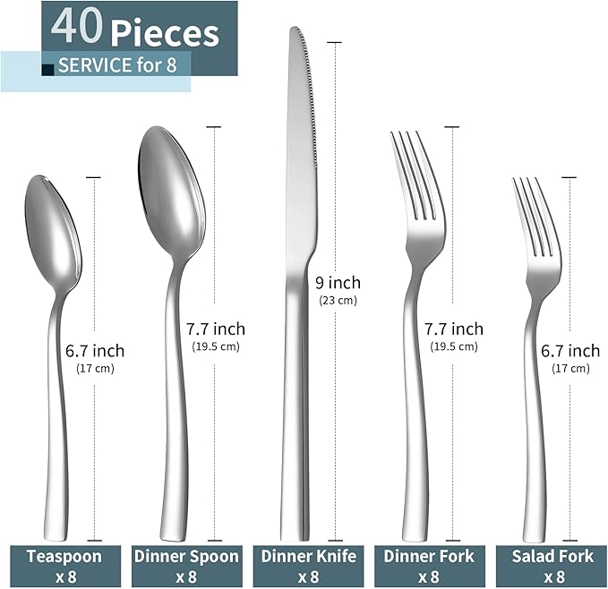 Silverware Set for 8, 40 Pieces Flatware Cutlery Set Stainless Steel | Luxury Steak Knife Fork and Spoon Set, Square Handles, Mirror Polished, Dishwasher Safe, for Home Kitchen Restaurant Weddings