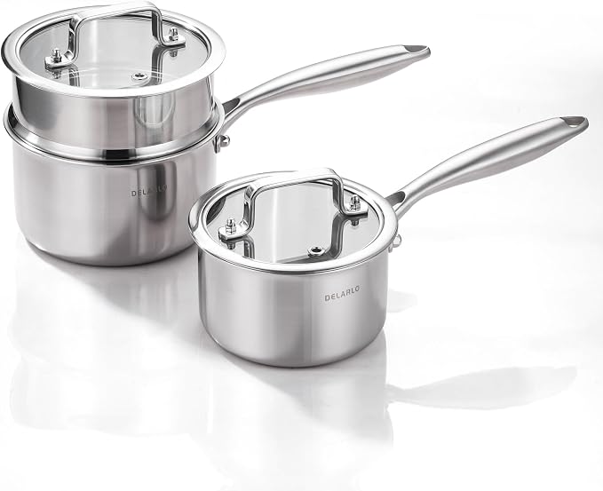 DELARLO Tri-Ply Stainless Steel Saucepan 1QT 2QT Kitchen Pot Set | Full-body Clad Cooking Set, Induction Cooking Sauce Pot Pan, Fast Even Heat, Heavy Duty Saucier Cookware