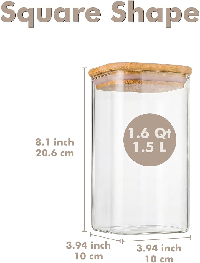 3-Pack 1.6Qt Square Glass Storage Jars with Bamboo Lids | Minimalist Kitchen Organizer,Pantry Storage Container,Food Storage Container,Scandinavian Style Storage,Nordic Style Storage