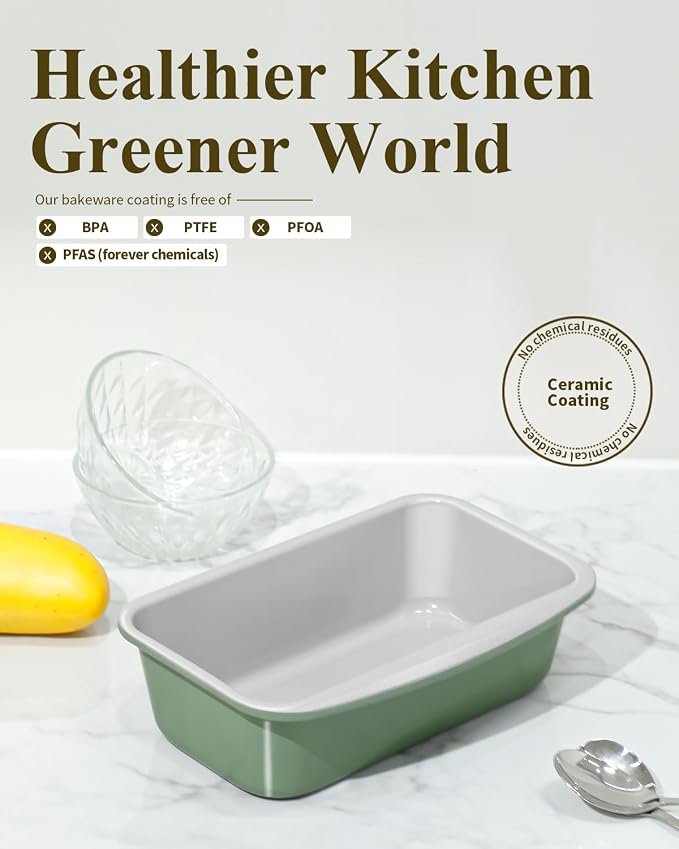 Nonstick Ceramic Bread Loaf Pan with Handle, Pistachio Green | 9x5 inch, Ceramic Coating, Aluminized Steel, Oven Safe to 550°F, Dishwasher Safe, Non-Toxic, PTFE & PFOA Free