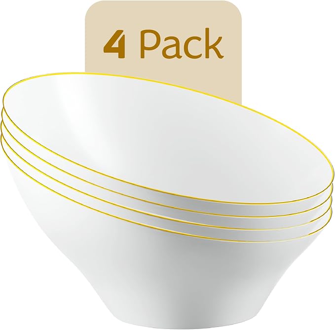 PLASTICPRO Angled Plastic Bowls Disposable Large Plastic White Serving Bowls with Gold Rim for Party for Appetizer Salads Pack of 4