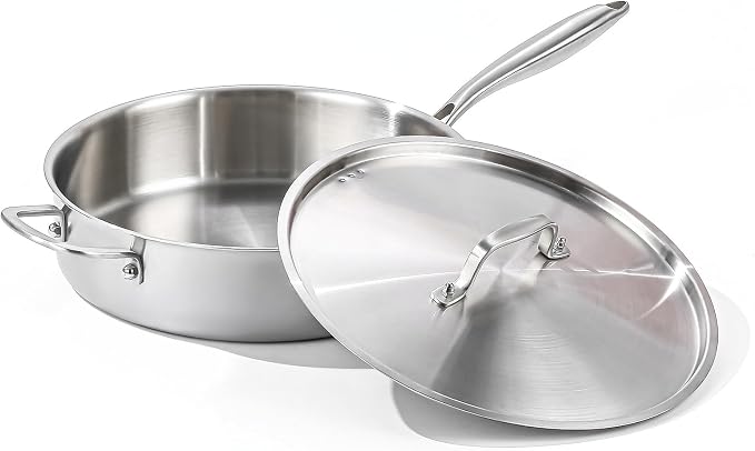 DELARLO 6QT Saute Pan Tri-Ply Stainless Steel Pan 12Inch Deep | Frying Pan with Steel cover, Kitchen Large Skillet ,Heavy Duty Style Compatible With All Cooktops Up to 650℉