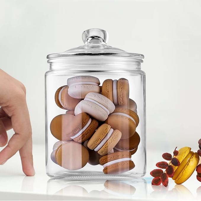 Salzesfalls Glass Storage Containers, Clear Glass Jar with Lids Set of 4 | 2 Pack 32oz and 2 Pack 64oz Cookie Jar & Candy Jar with Airtight Lid, Kitchen Canisters for Pantry, Flour, Coffee bean, Pasta