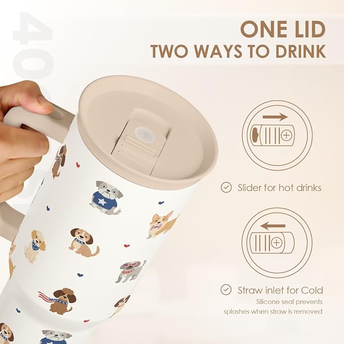 SANDJEST Dogs 40oz Tumbler with Handle and Straw, Insulated Stainless Steel Travel Coffee Mug for Women Girls Dog Lovers Dog Mom, Gift Idea for Birthday Christmas Mothers Day