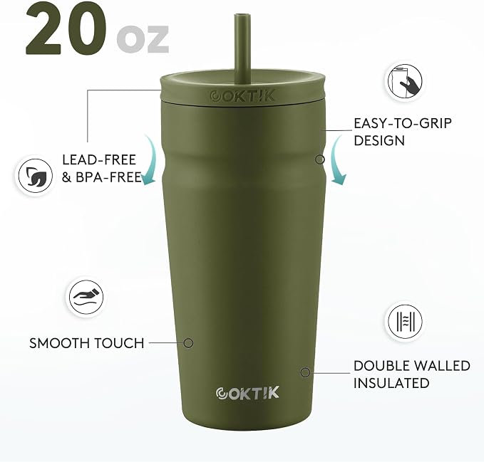 COKTIK 20oz Insulated Tumbler with Lid and Straw Iced Coffee Cup Reusable Stainless Steel Travel Mug Water Bottle Cupholder Friendly for Women Men Her Him (Olive)