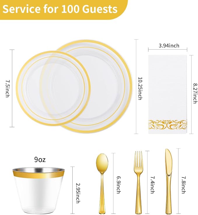 700 Pieces Clear Gold Disposable Dinnerware Set for 100 Guests | Bulk Dinnerware Include: 200 Gold Rim Dinner Plates, 100 Paper Napkins, 100 Cups, 100 Plastic Silverware Set