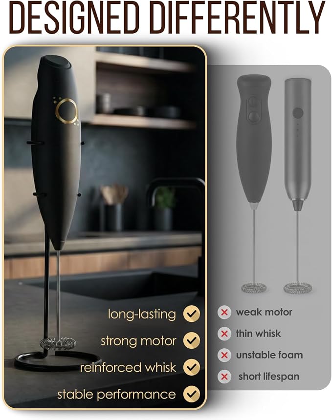 Rechargeable Milk Frother Handheld, USB-C Coffee Mixer, Matte Black | Rechargeable USB-C, quiet whisk, stainless steel stand, coffee matcha protein cold foam latte, portable coffee bar accessory