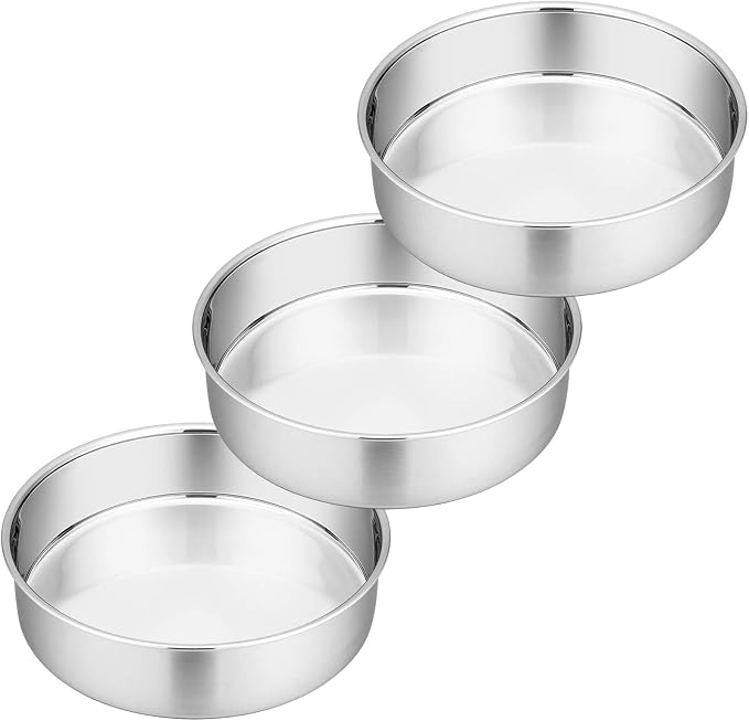 P&P CHEF 8 Inch Round Cake Pan Set of 3, Stainless Steel Baking Cake Pans | Round Baking Cake Pan Bakeware for Layer Birthday Cake, Fit Oven/Pots/Pressure Cooker, Leakproof & Dishwasher Safe, Silver
