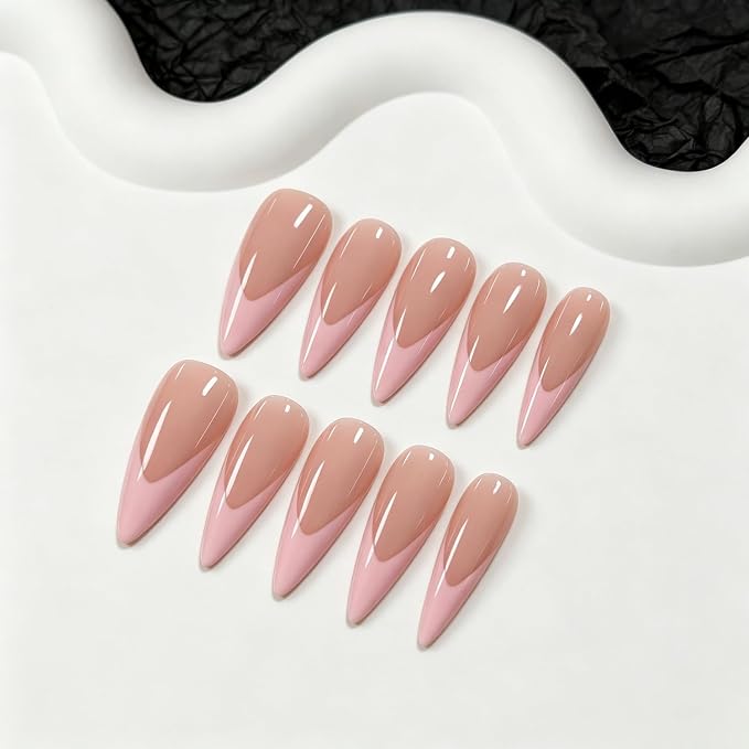 10pcs Handmade Long Stiletto Press on Nails Pink French Tips Nude Fake Nails with Decor Solid Color Press on Nails Glossy Thick Hand Made Acrylic Nail for Women (S)