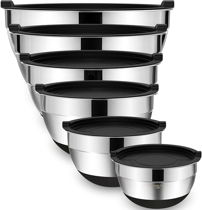 Umite Chef Mixing Bowls with Airtight Lids，6 piece Stainless Steel Metal Nesting Storage Bowls, Non-Slip Bottoms Size 7, 3.5, 2.5, 2.0,1.5, 1QT, Great for Mixing & Serving(Black)