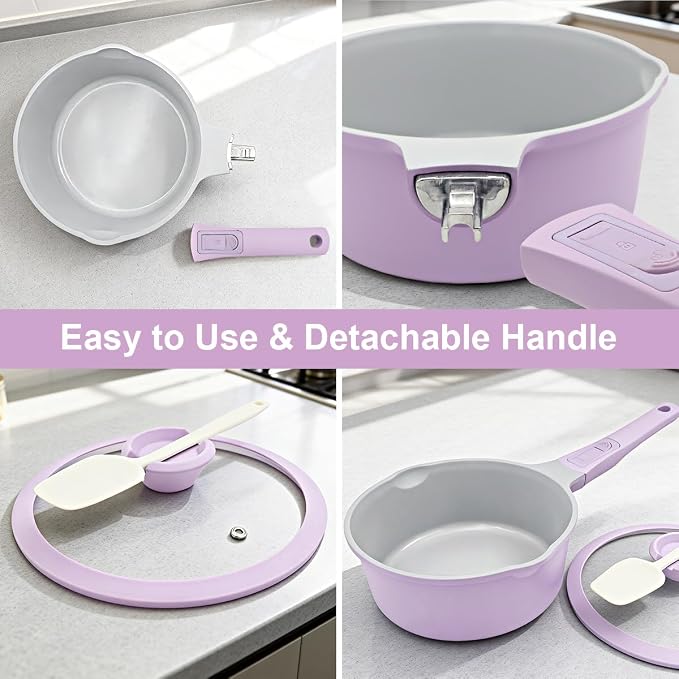 AIKENBBKK 1.5 Quarts Ceramic Nonstick Saucepan with Lid, Small Sauce Pot with Pour Spouts for Multipurpose Use, Milk Pan with Detachable Handle, Oven Safe, Purple