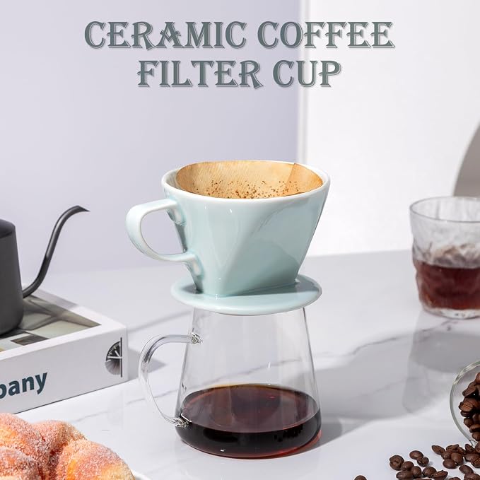 Pour Over Coffee Dripper, Ceramic Pour Over Coffee Maker, Green | 3 Holes Flat Bottom, Easy Manual Brew Maker, Porcelain Slow Filter Cone for Travel, Camping, Office, Home