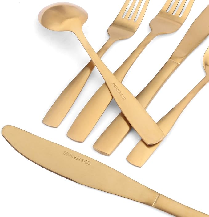 Matte Gold Silverware Set, Satin Finish 40-Piece Stainless Steel Flatware set, Tableware Cutlery Set Service for 8, Utensils for Kitchens, Dishwasher Safe