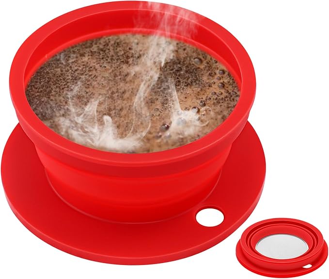 Paperless Collapsible Pour over Coffee Filter - Small Camping Coffee Maker with Reusable Metal Coffee Filter - Single Serve Travel Coffee Dripper, 300ml Capacity (Red)