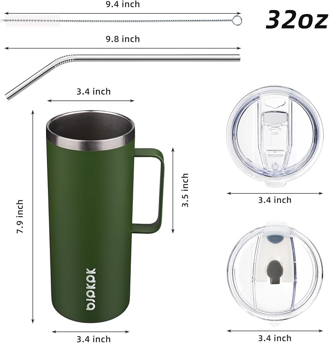 BJPKPK 32oz Insulated Coffee Mug with Handle, Stainless Steel Travel Mug | Keeps Drinks Hot & Cold, Double Wall Vacuum, 2 Lids Included, BPA-Free Coffee Tumbler for Home, Office & Travel
