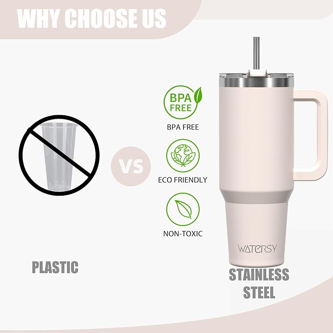 40 oz Tumbler with Handle,Tumbler with Lid and Straw,Double Wall Insulated Cup Stainless Steel Travel Mug(Cold for 34 Hours),Water Bottle for Iced Tea,Coffee,Cold Beverages(Ivory Beige)